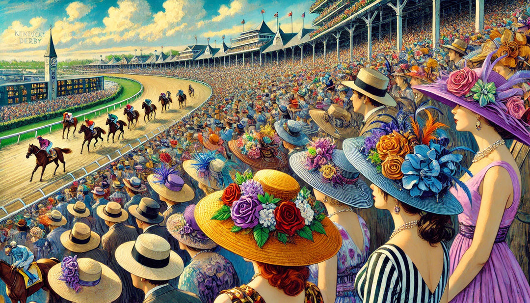 crowd with extravagant hats watching Kentucky Derby