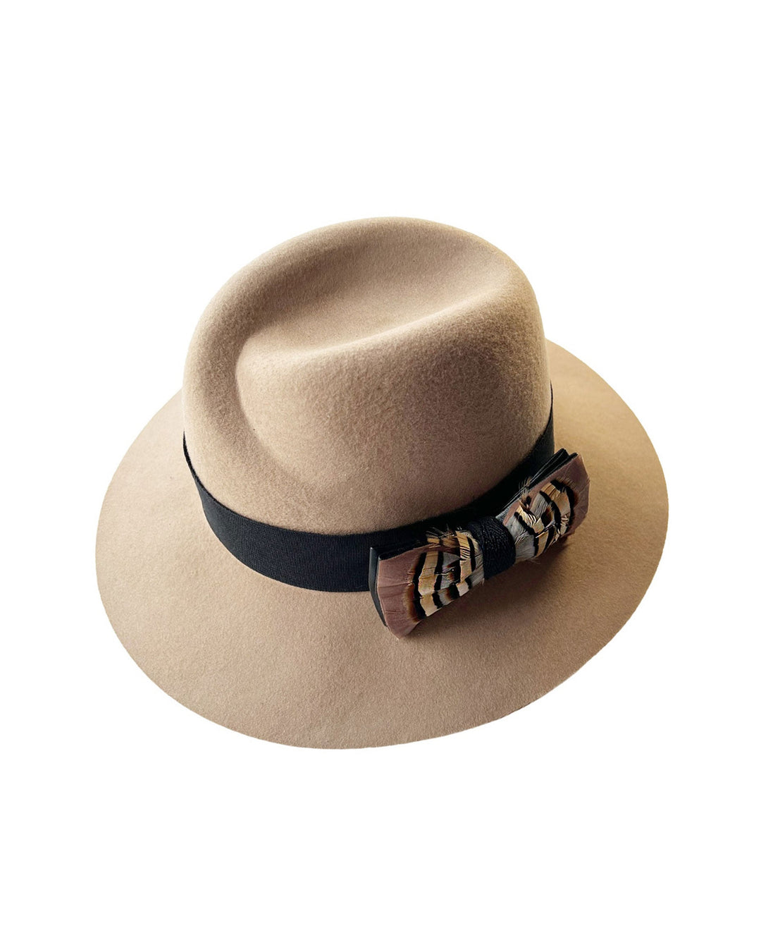Still life picture of the Amelie, a classic fedora hat featuring a feathered bow detail; it&