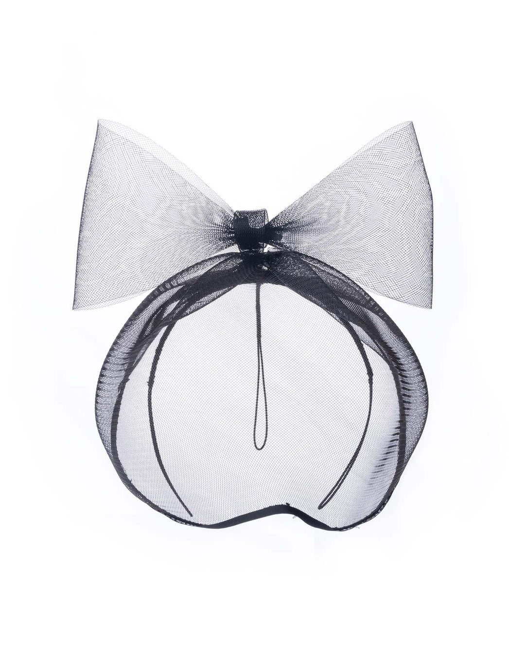A black mesh cage-style constructed mask. On top of the cage-style mesh mask, there is a mesh bow. The mask is fitted with a thin headband. The mask is perfect for high-fashion events or special parties. Made by Merve Bayindir Millinery.