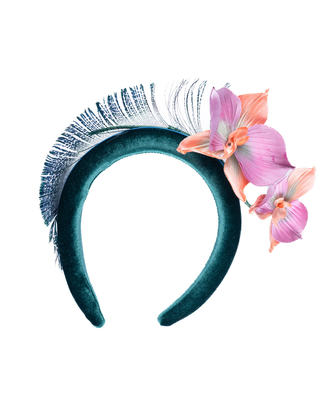 Emerald green velvet padded headband embellished with pink and peach orchid flowers and a delicate fan of dark green feather trim along one side. Designed and made by Merve Bayindir Millinery.

