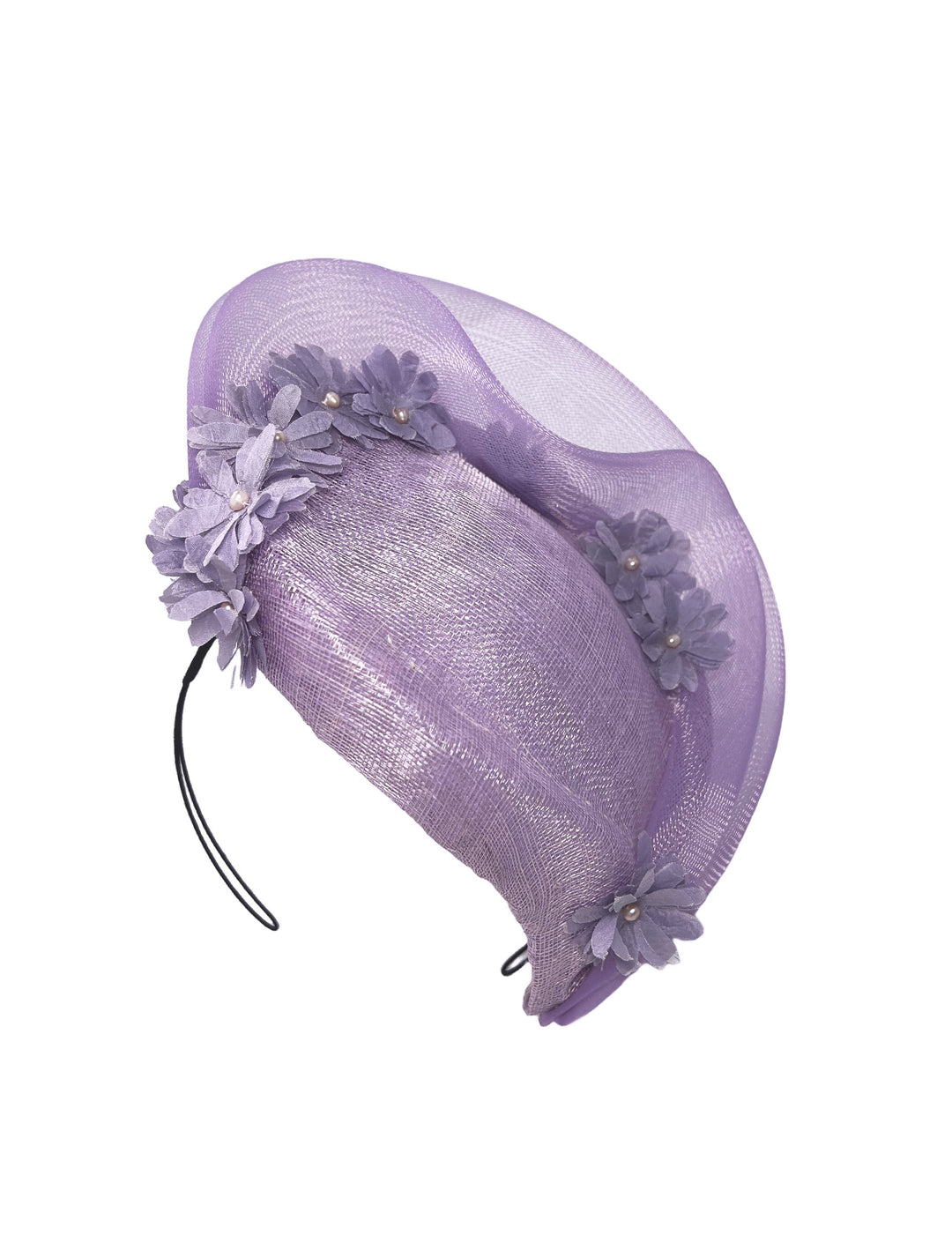 Lavender mesh headband with floral accents on a white background