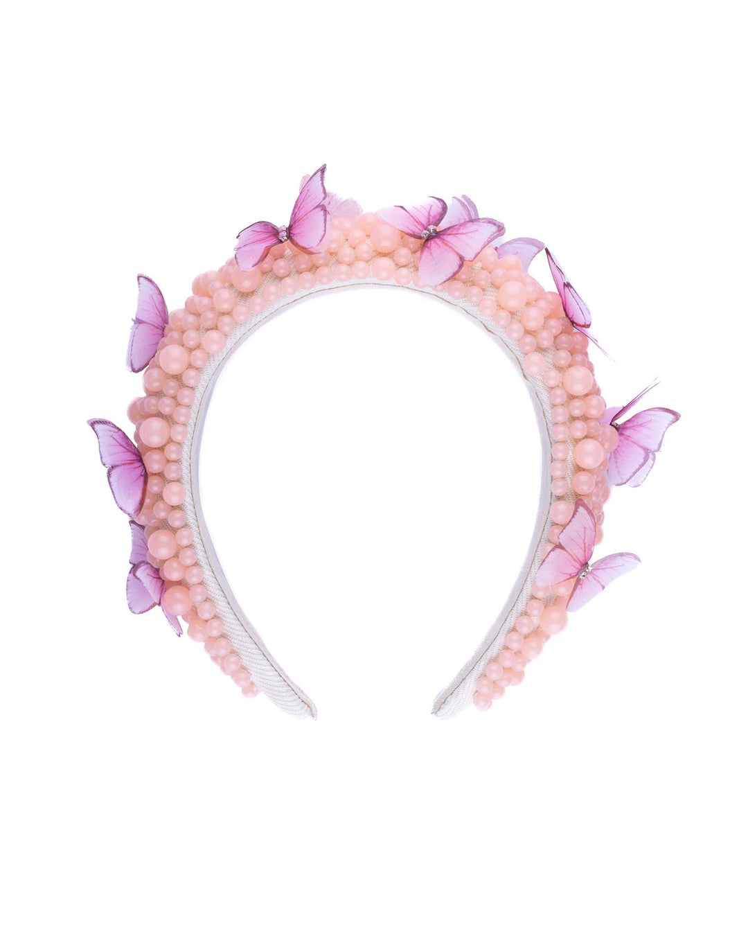 High headband decorated with different sized mat peach beads and scattered pink organza butterflies with crystal centres. Made by Merve Bayindir millinery.