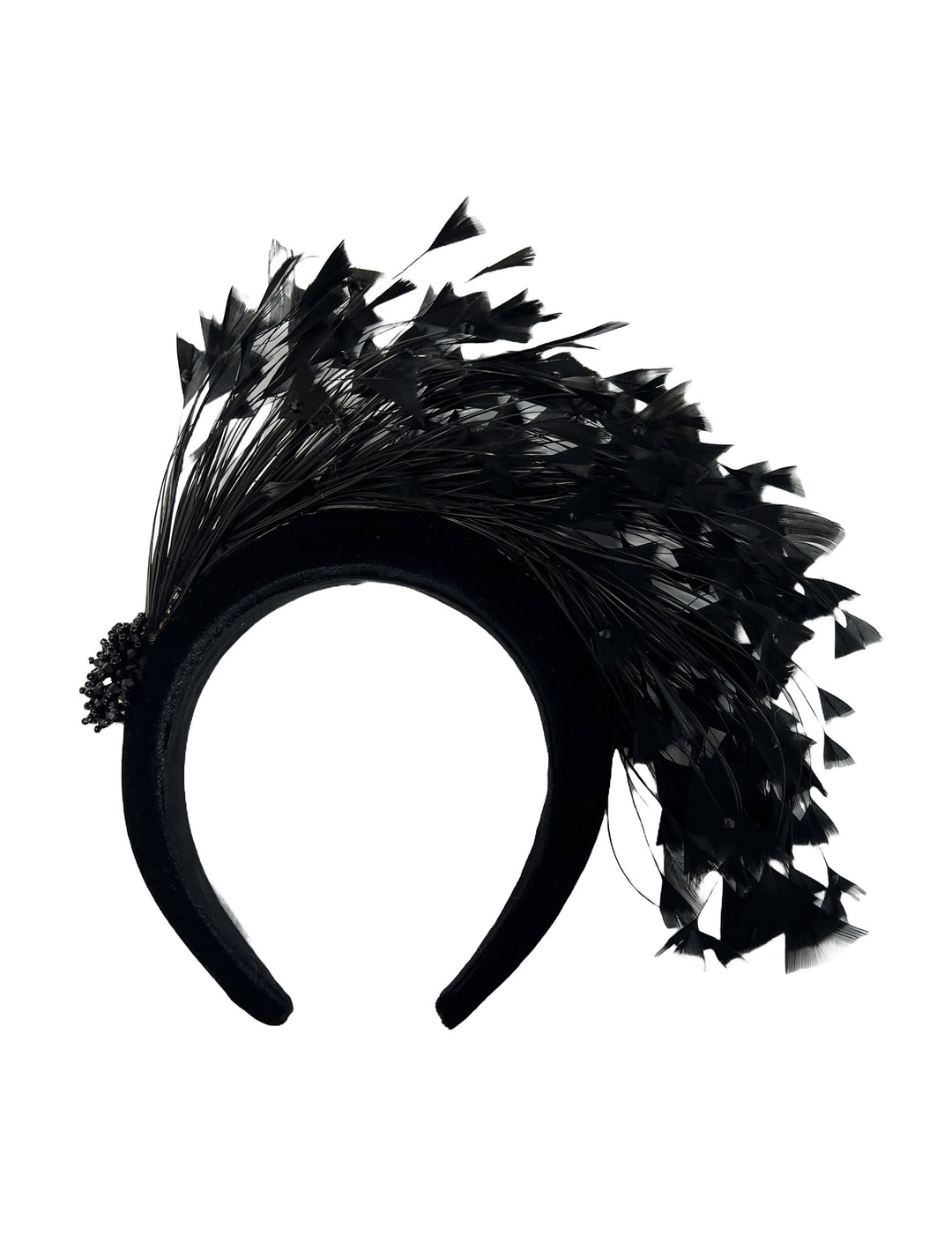 Black feathered headband on a white background