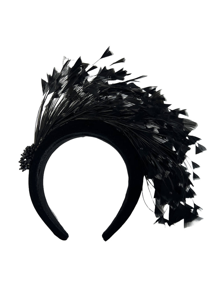 Black feathered headband on a white background
