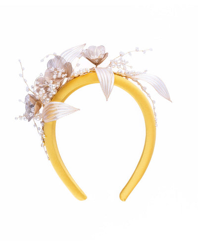 Yellow headband decorated with bead flowers , resin flowers and leaves with golden wires.