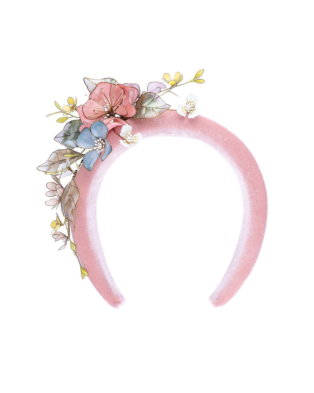 Pink velvet thick headband, decorated with multi coloured resin flower combination. Made by Merve Bayindir millinery.