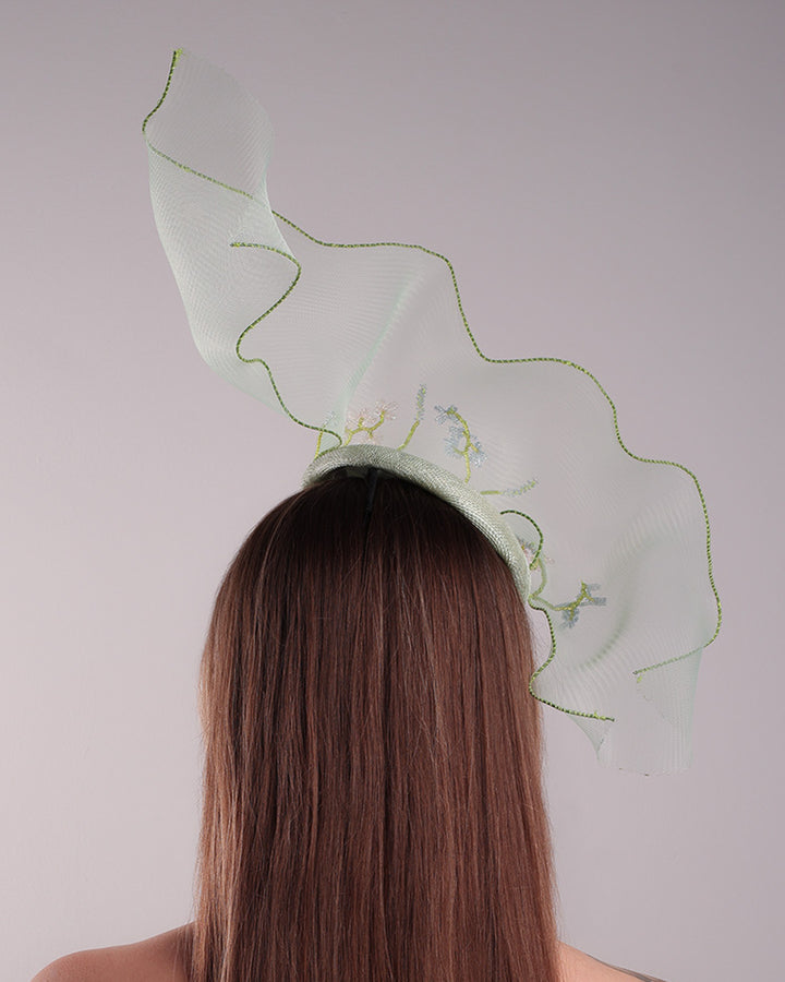 Model is showcasing the back of light green button shaped fascinator adorned with a long light green crinoline structured with green wires. While the green crinoline creates a flying ribbon affect the center of the crinoline where it meets with the button piece is embellised with beads.