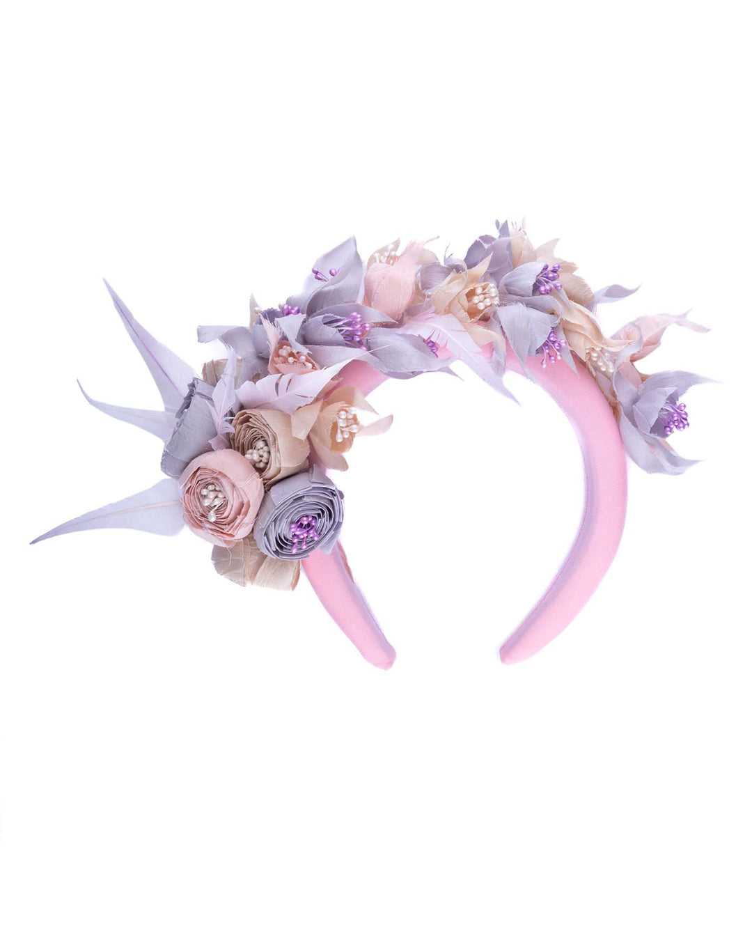 High pink headband decorated with custom made silk taffeta lilac, pink and ecru bouquet of peony and fuchsia flowers. Made by Merve Bayindir.