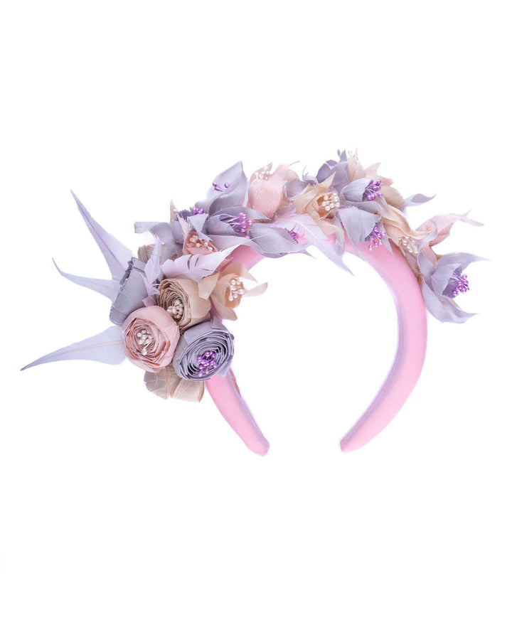 High pink headband decorated with custom made silk taffeta lilac, pink and ecru bouquet of peony and fuchsia flowers. Made by Merve Bayindir.