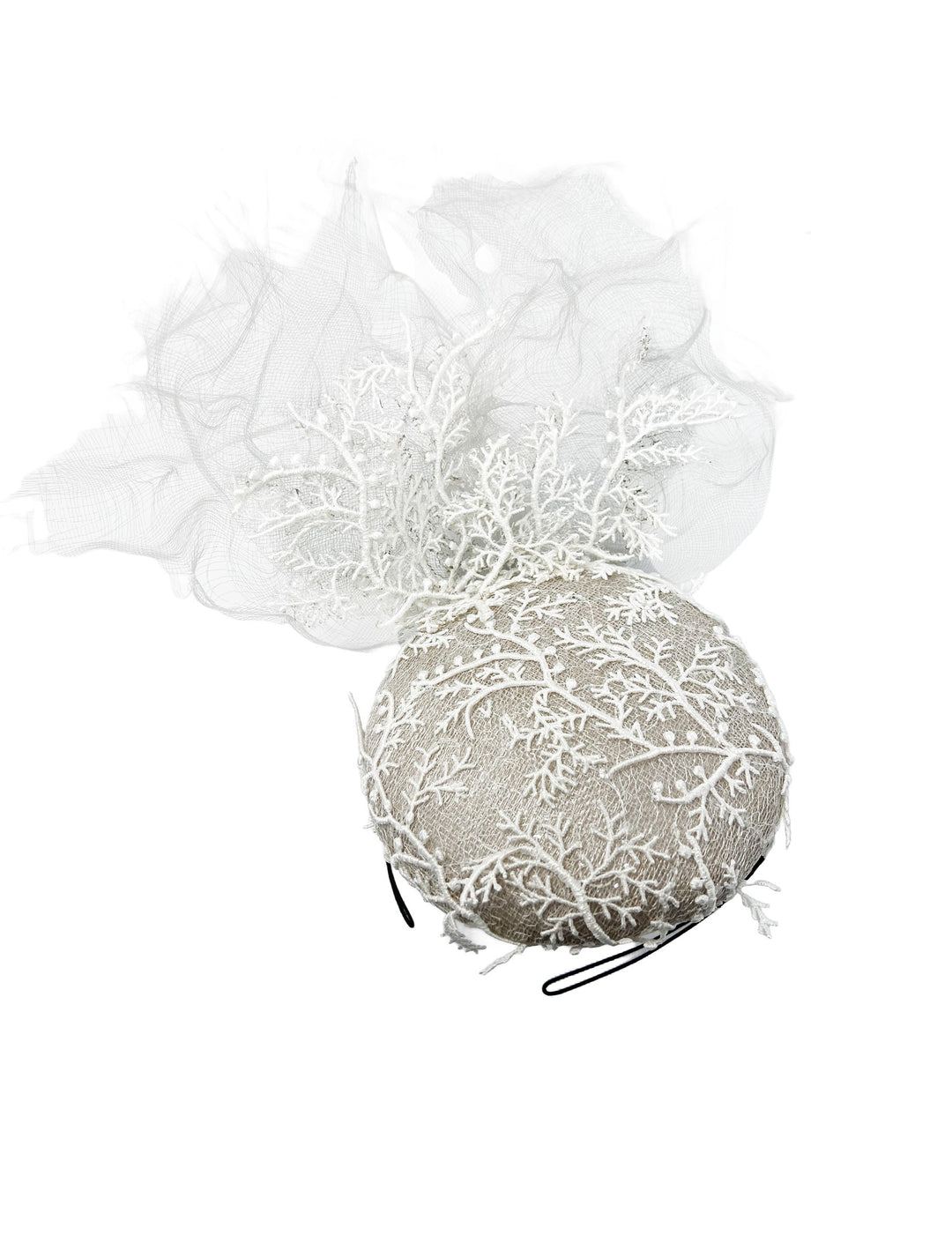 Decorative ball with lace overlay on a white background