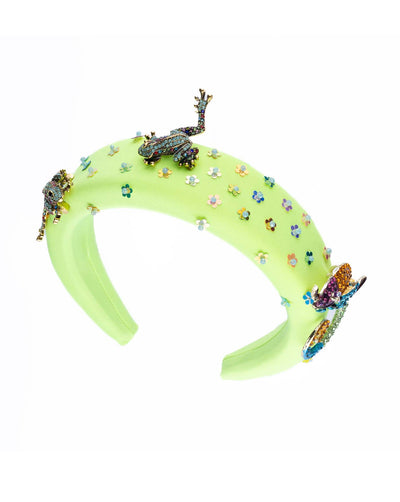 Florescent green high headband embroidered with multi colour flower sequins decorated with two multi colour crystal embellished frog brooches and a multi-colour crystal decorated chameleon.