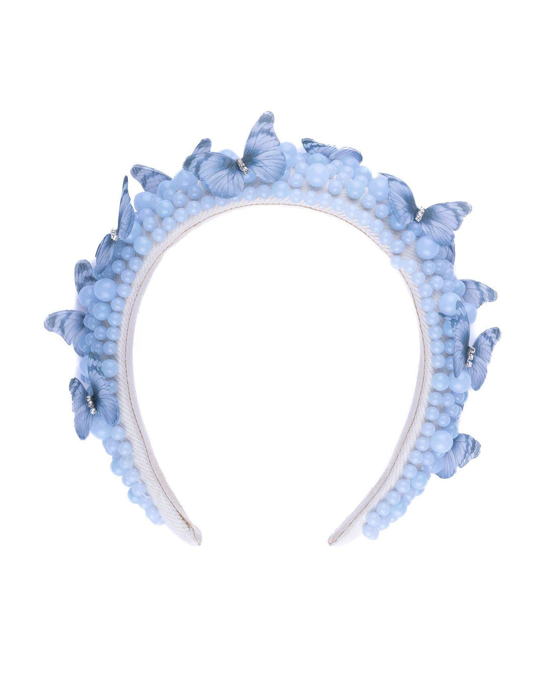 High headband decorated with different sized mat blue beads and scattered blue organza butterflies with crystal centres. Made by Merve Bayindir millinery.