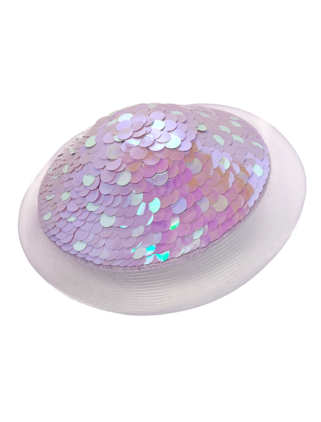 White hat with a pink and purple sequin embellishment on a white background