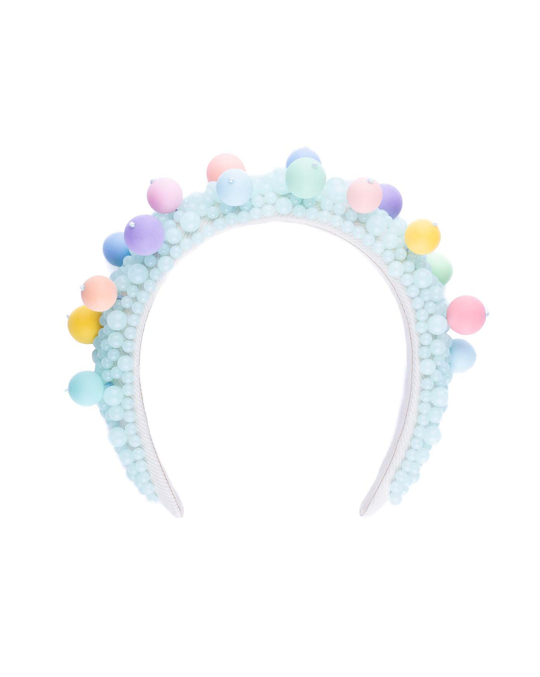 Multi size mint coloured beaded headband adorned with large multi size mat bubble look a like multi colour multi size beads. Made by Merve Bayindir.