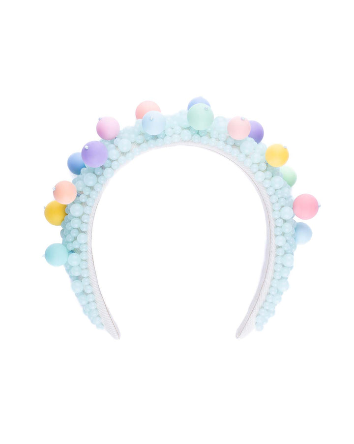 Multi size mint coloured beaded headband adorned with large multi size mat bubble look a like multi colour multi size beads. Made by Merve Bayindir.