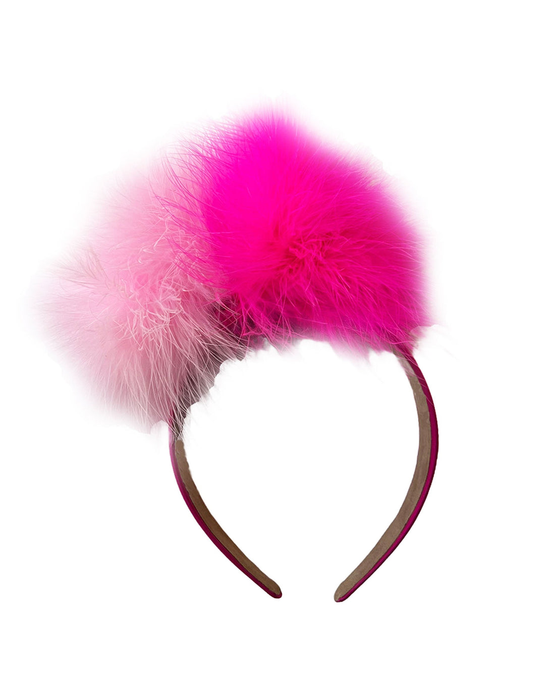 Still life picture of the NYX that is crafted on a hot pink satin headband. This playful fascinator features two pom-pom clouds of marabou feathers in graduated shades of candy pink and fuchsia. Designed by Merve Bayindir.