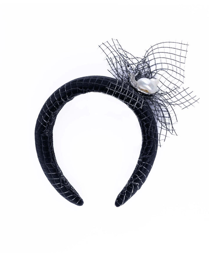 Black Velvet High Headband, covered with a silver black mix net fabric. It is embellished with a net fabric flower and a mother of pearl detailed snail brooch. Made by Merve Bayindir Millinery.