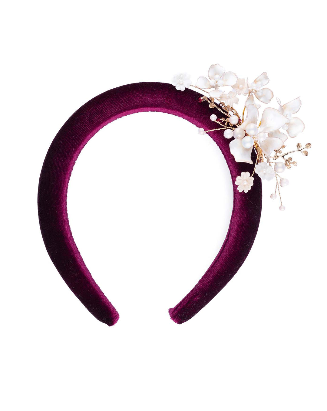 High burgundy velvet headband decorated with pearl coloured wired bead and resin flowers.