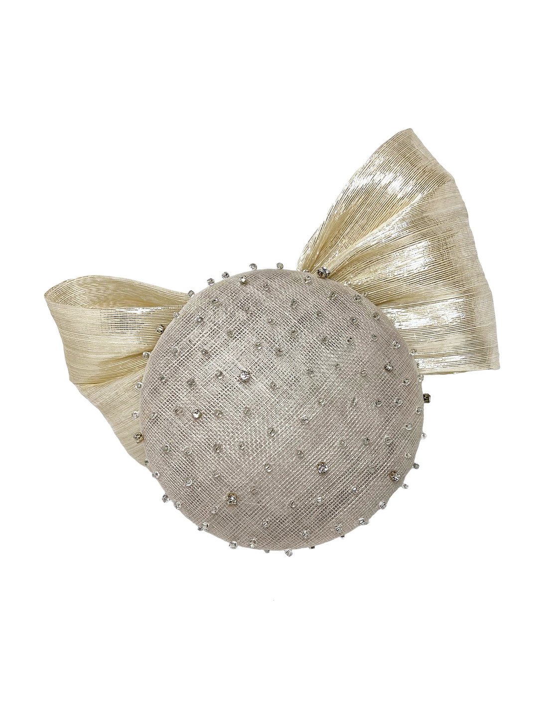 Decorative item with a spherical beige base and a large bow on a white background
