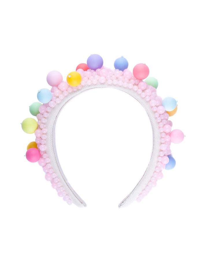 Multi size pink beaded headband adorned with large multi size mat bubble look a like multi colour multi size beads. Mde by Merve Bayindir.