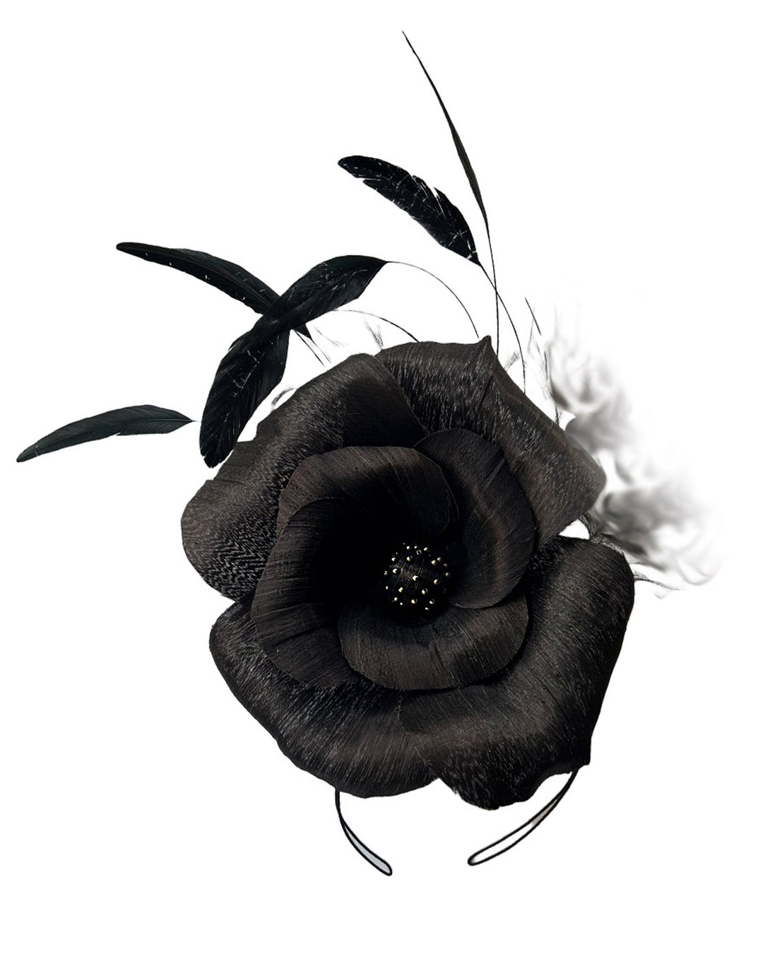 Product picture a large black silk abaca flower fascinator by Merve Bayindir.