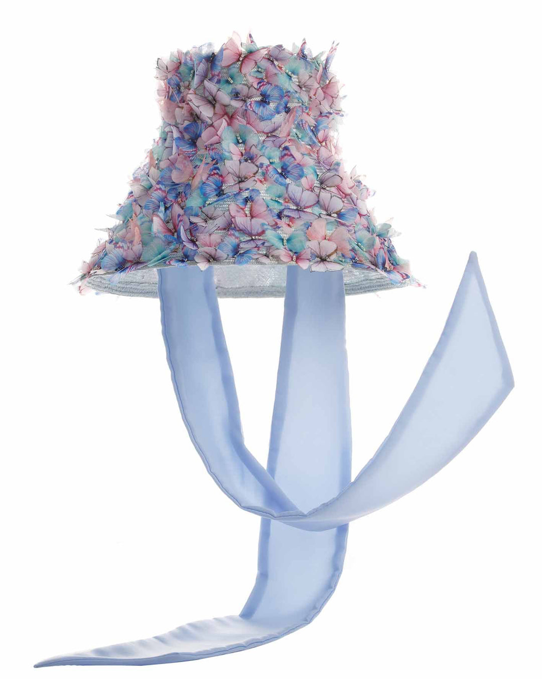 The picture is featuring a high fashion blue bucket hat  with long blue silk chiffon ribbons dropping on the sides, the hat is adorned with multi colour organza butterflies. Designed and made by Merve Bayindir Millinery.
