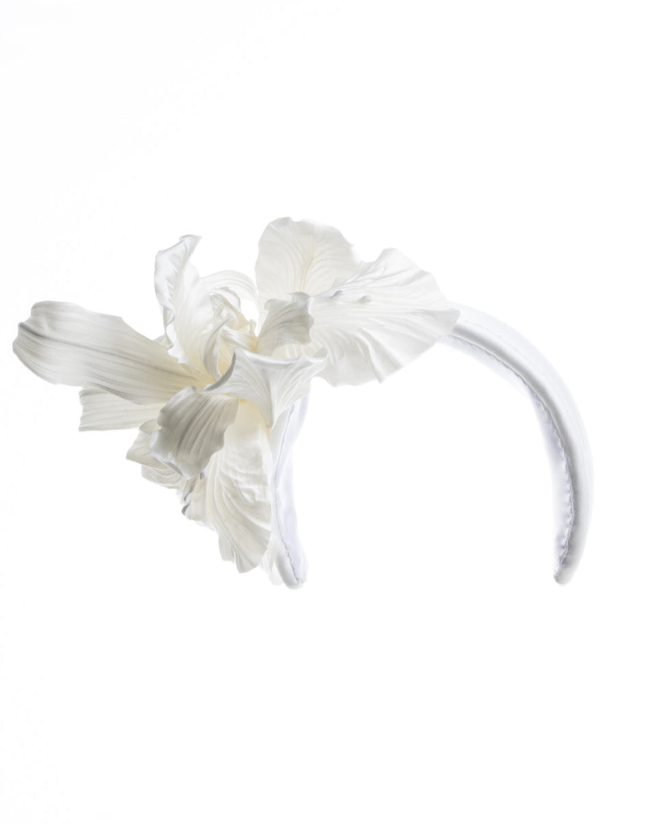 Sateen bridal headband decorated with custom made, white sateen irises.