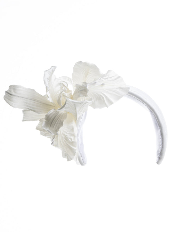 Sateen bridal headband decorated with custom made, white sateen irises.