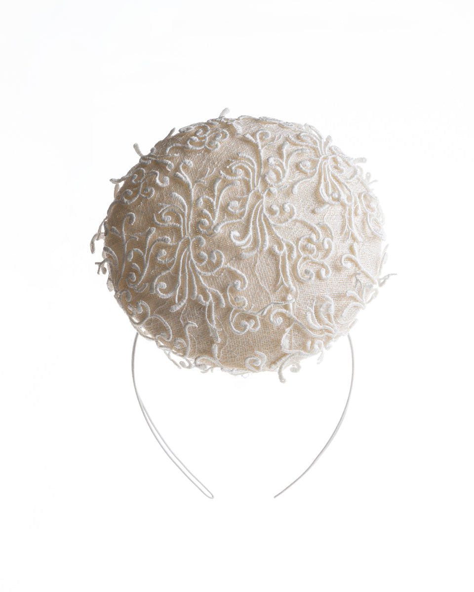 Double sided, white high top button style fascinator covered with sequins and lace with embroidered 3D swirls. Positioned on the top front centre of the head. Designed and made by Merve Bayindir Millinery.