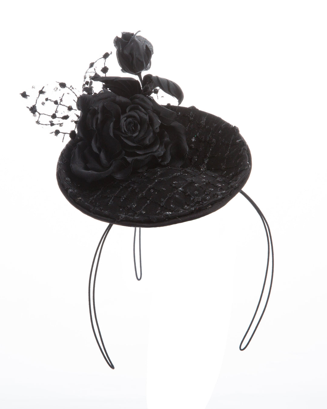Small saucer style sateen fascinator, embellished with sparkled lace tulle and sateen roses