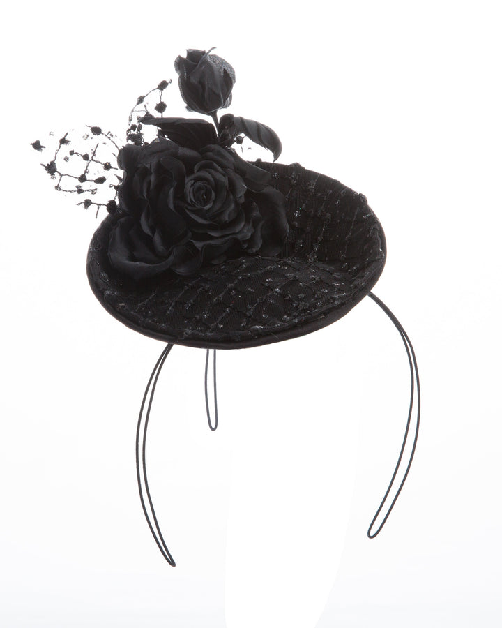 Small saucer style sateen fascinator, embellished with sparkled lace tulle and sateen roses